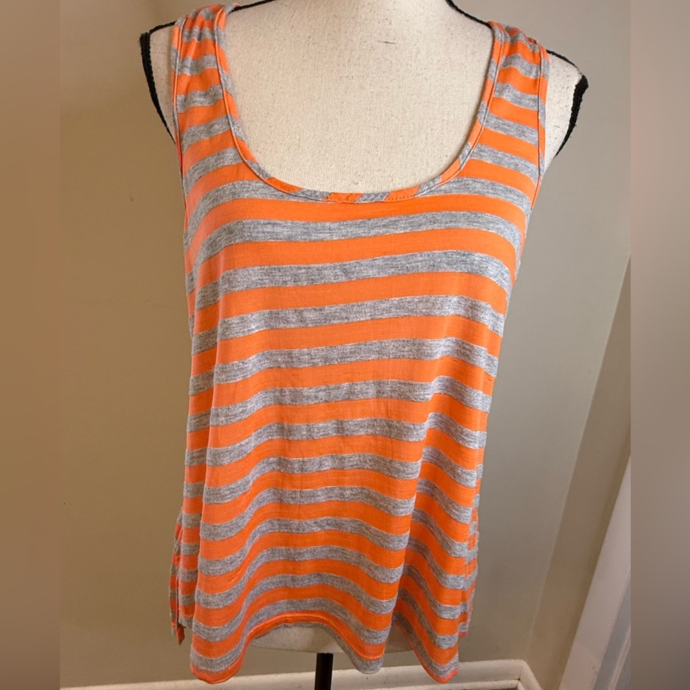 h.i.p. orange and grey striped tank top scoop neck split hem SZ LG